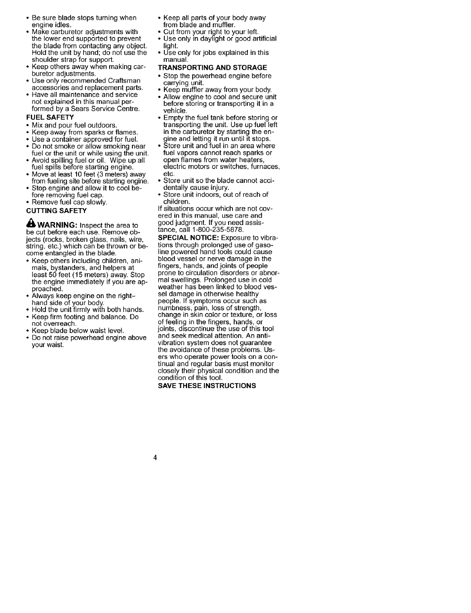 Fuel safety, Cutting safety, Transporting and storage | Save these instructions | Craftsman C944.511590 User Manual | Page 4 / 11