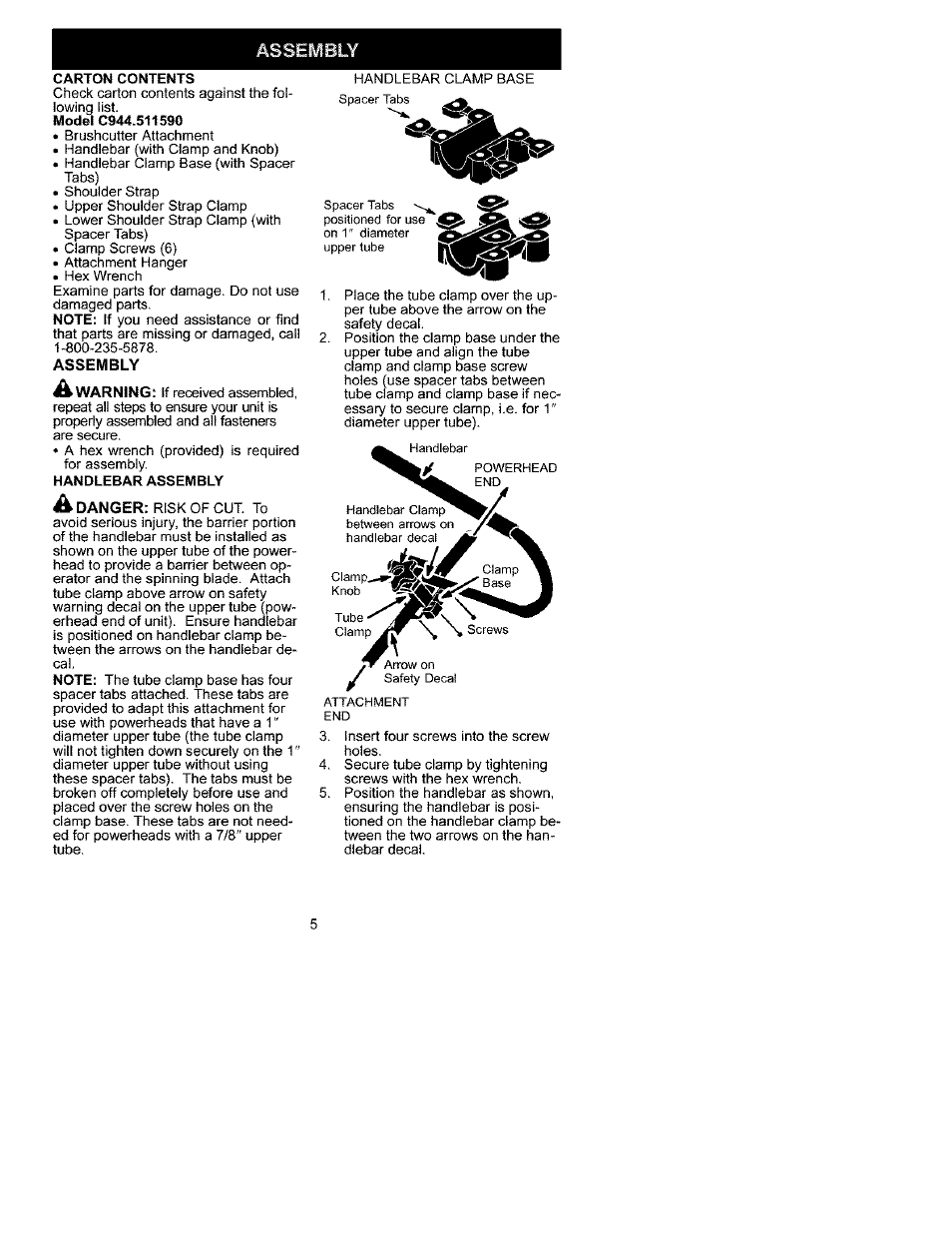 Carton contents, Handlebar assembly | Craftsman C944.511590 User Manual | Page 5 / 11