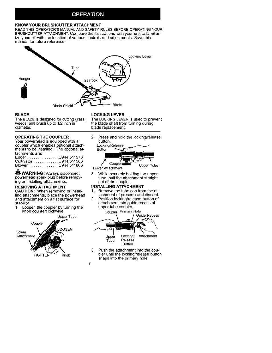 Know your brushcutter attachment, Blade, Locking lever | Operating the coupler, Installing attachment | Craftsman C944.511590 User Manual | Page 7 / 11