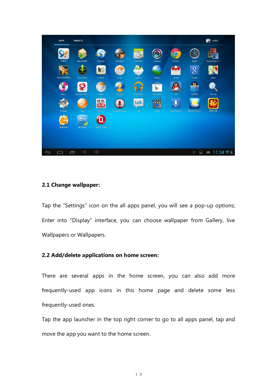 1 change wallpaper, 2 add/delete applications on home screen | PiPO M9 pro OTA User Manual | Page 13 / 45