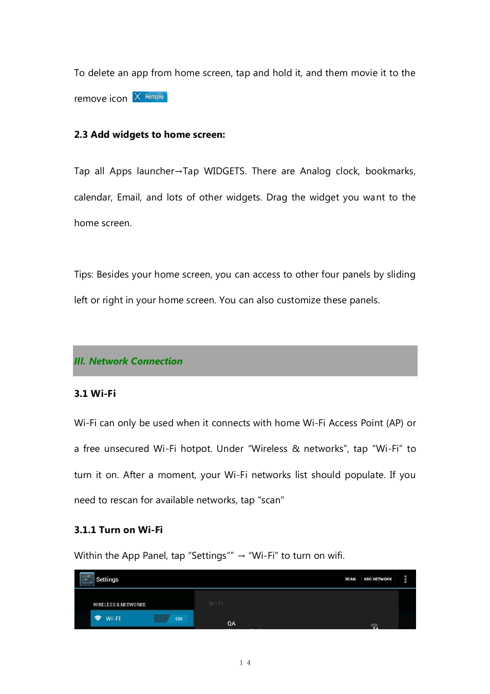 3 add widgets to home screen, Iii. network connection, 1 wi-fi | 1 turn on wi-fi | PiPO M9 pro OTA User Manual | Page 14 / 45