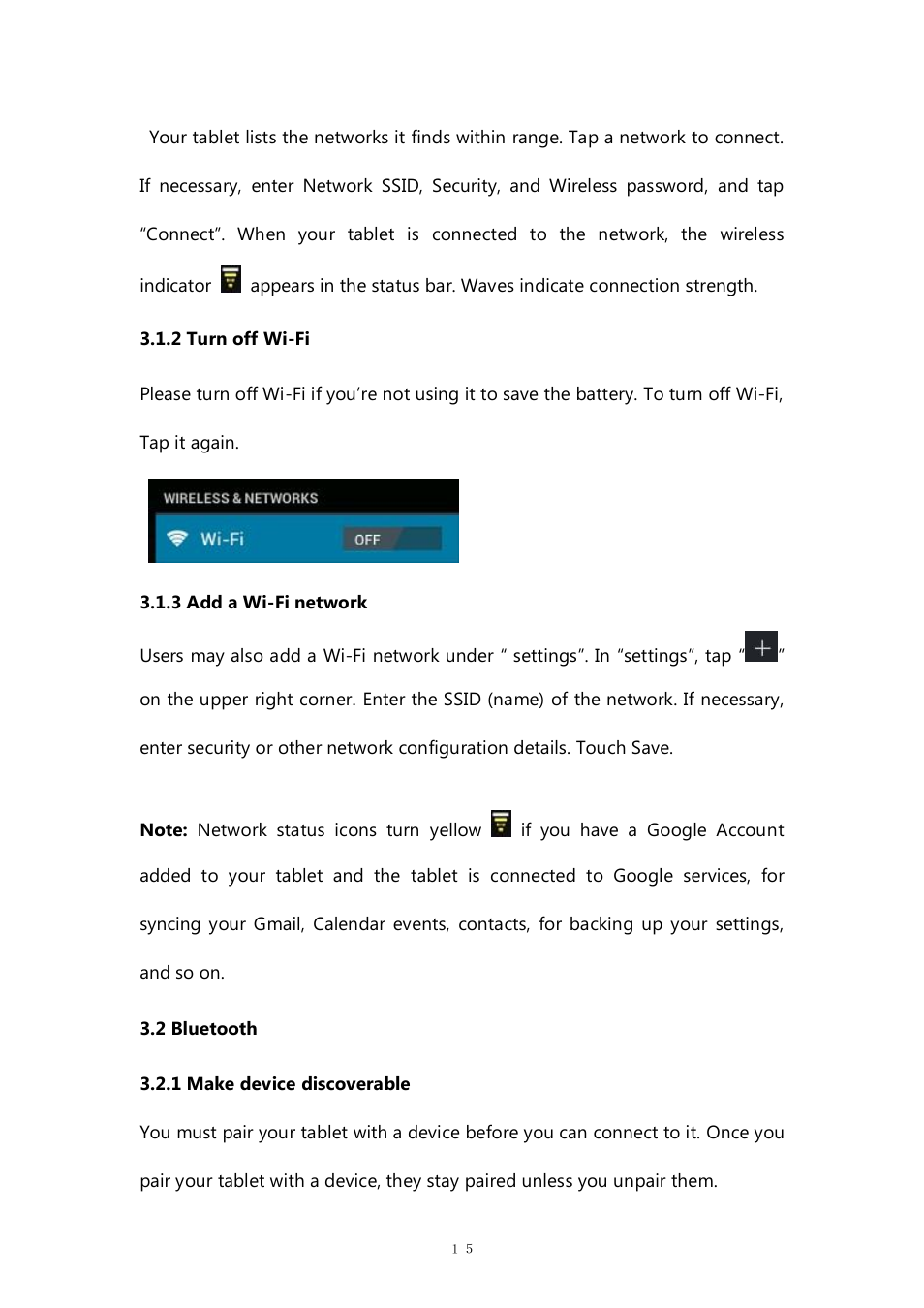 2 turn off wi-fi, 3 add a wi-fi network, 2 bluetooth | 1 make device discoverable | PiPO M9 pro OTA User Manual | Page 15 / 45