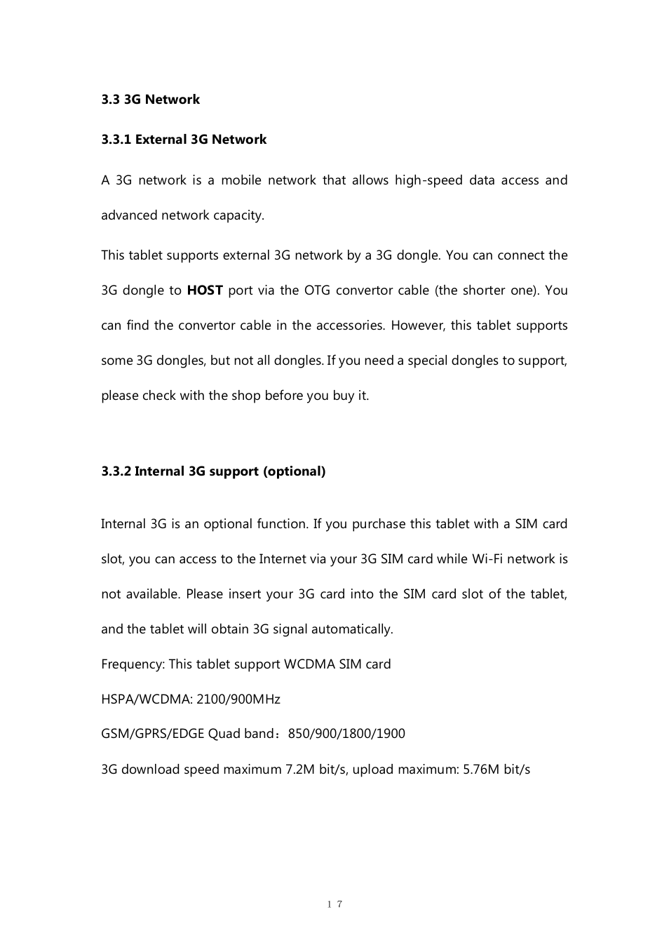 3 3g network, 1 external 3g network, 2 internal 3g support (optional) | PiPO M9 pro OTA User Manual | Page 17 / 45