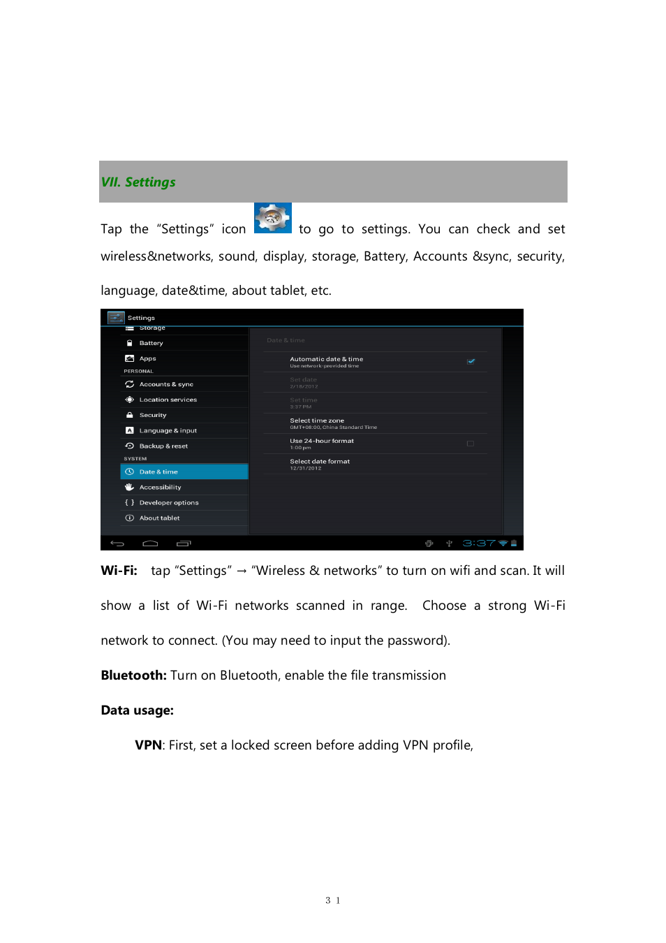 Vii. settings | PiPO M9 pro OTA User Manual | Page 31 / 45