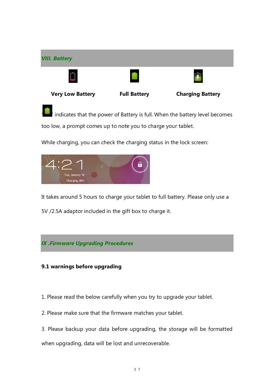 Viii. battery, Ix .firmware upgrading procedures | PiPO M9 pro OTA User Manual | Page 37 / 45