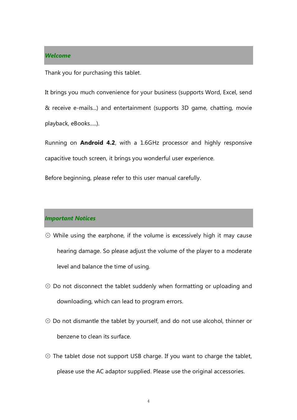 Welcome, Important notices | PiPO M9 pro OTA User Manual | Page 4 / 45