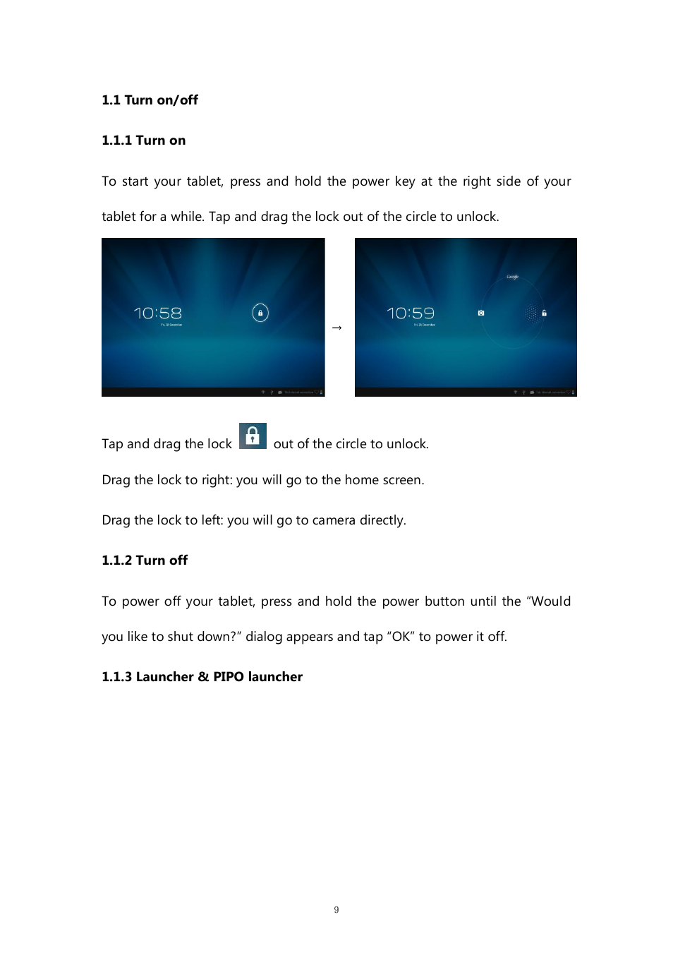 1 turn on/off, 1 turn on, 2 turn off | 3 launcher & pipo launcher | PiPO M9 pro OTA User Manual | Page 9 / 45