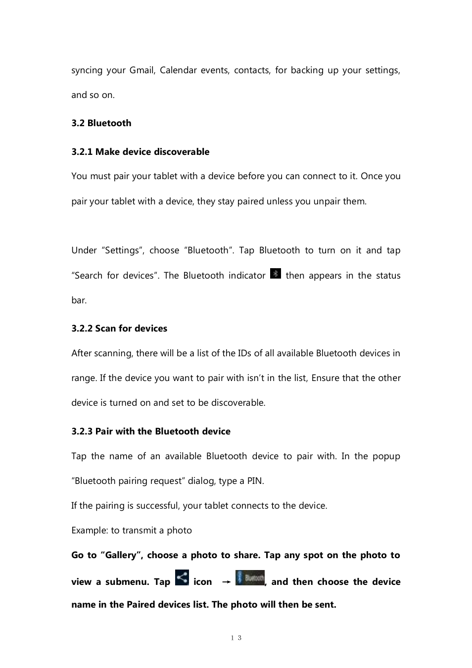2 bluetooth, 1 make device discoverable, 2 scan for devices | 3 pair with the bluetooth device | PiPO M7 pro User Manual | Page 13 / 37