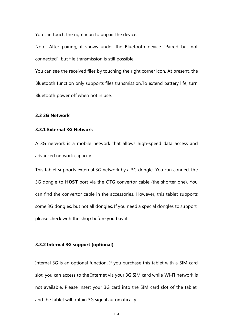 3 3g network, 1 external 3g network, 2 internal 3g support (optional) | PiPO M7 pro User Manual | Page 14 / 37