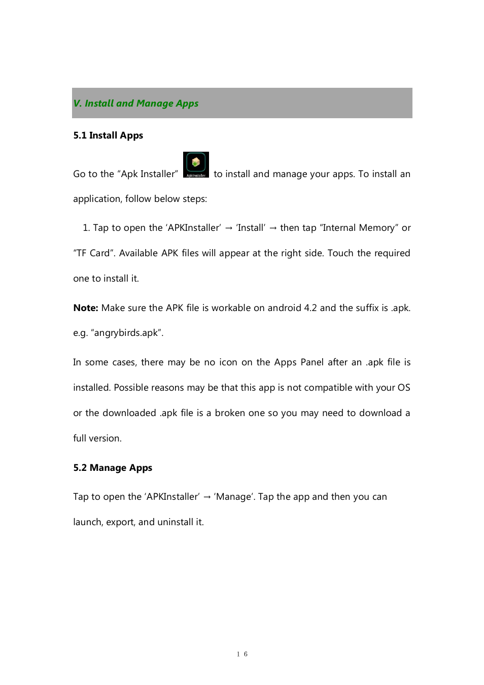 V. install and manage apps, 1 install apps, 2 manage apps | PiPO M7 pro User Manual | Page 16 / 37