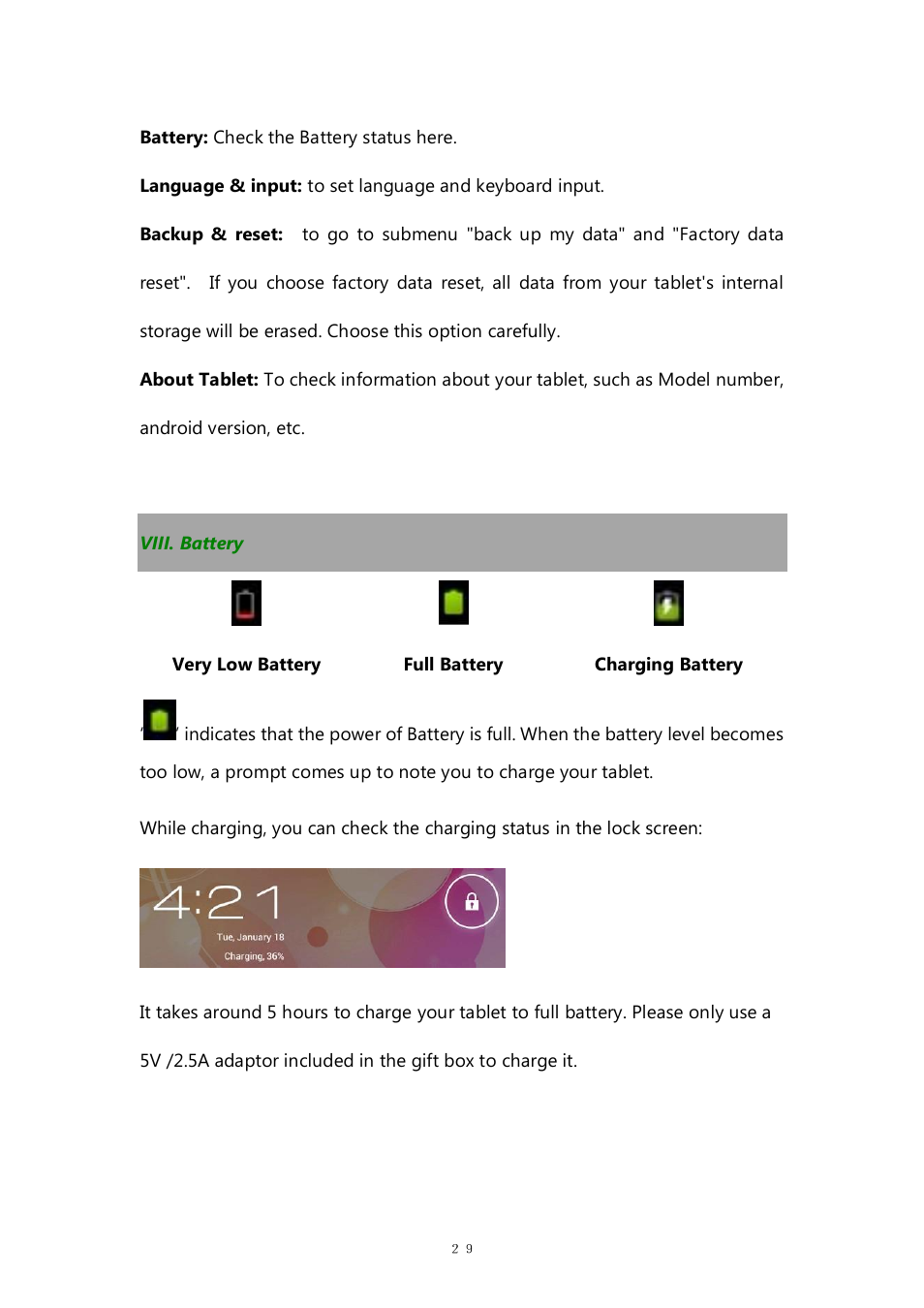 Viii. battery | PiPO M7 pro User Manual | Page 29 / 37