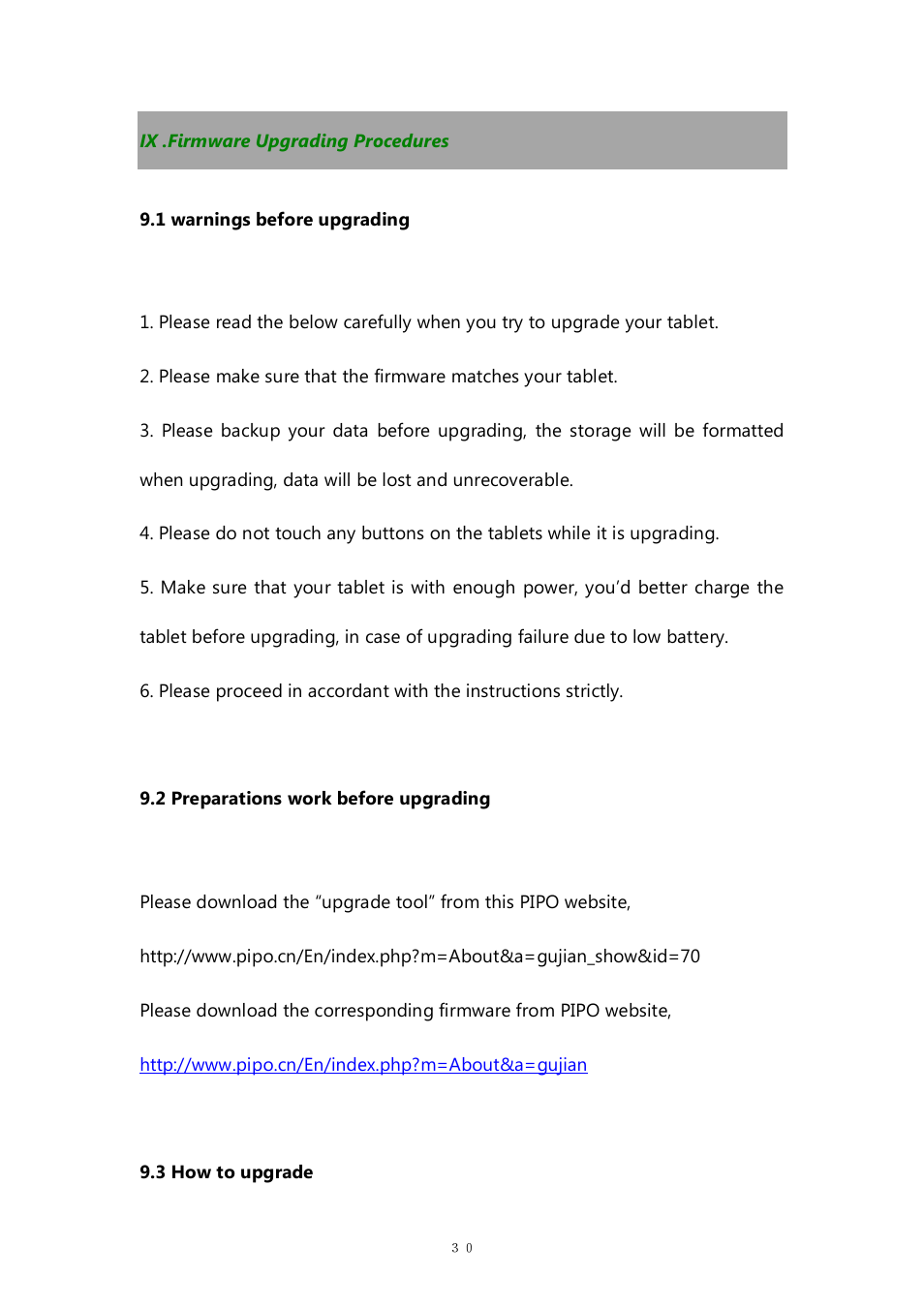 Ix .firmware upgrading procedures | PiPO M7 pro User Manual | Page 30 / 37