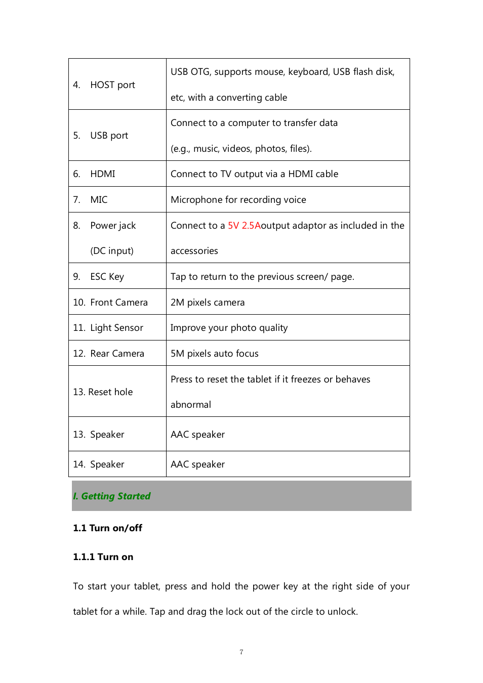 I. getting started, 1 turn on/off, 1 turn on | PiPO M7 pro User Manual | Page 7 / 37