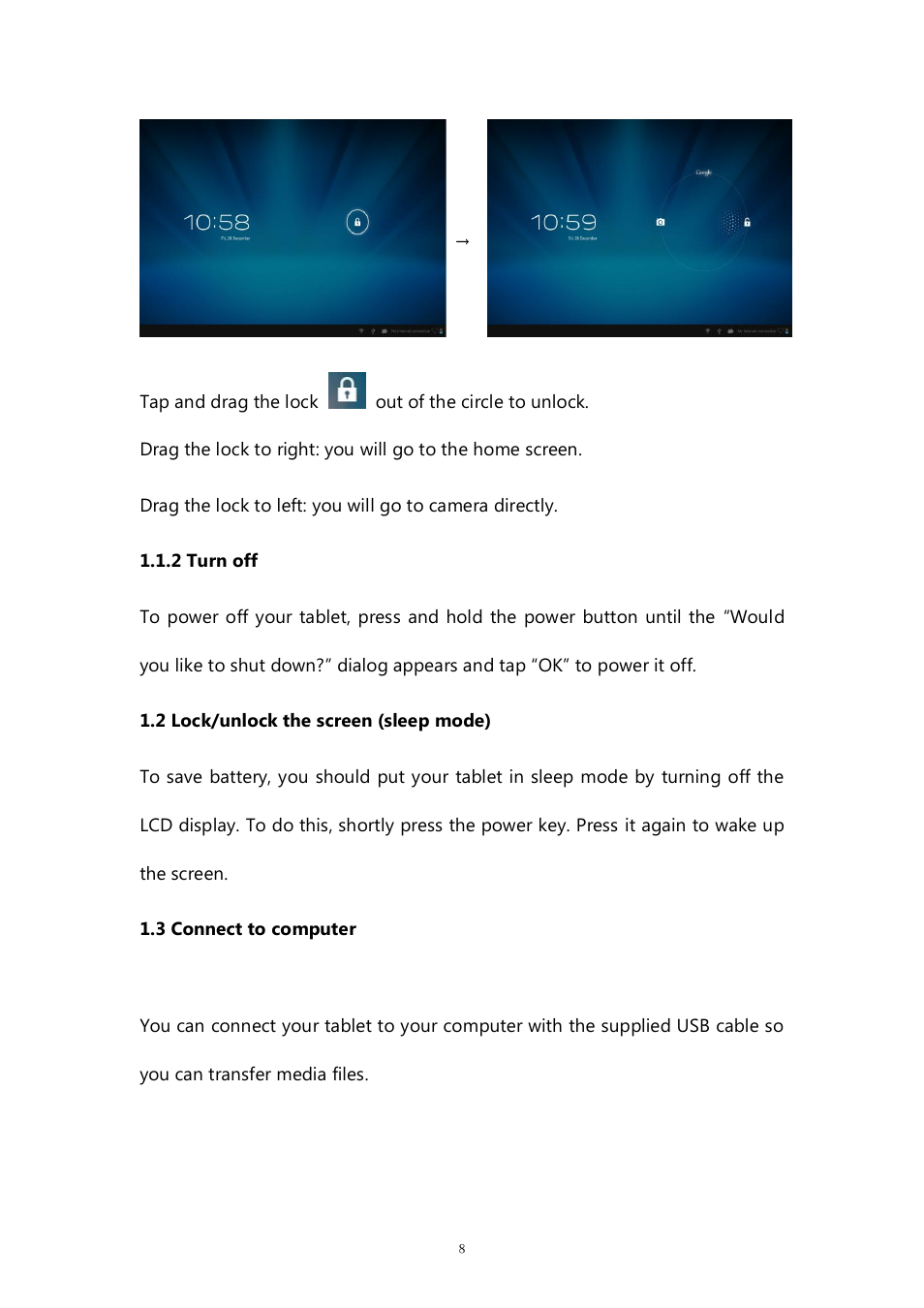 2 turn off, 2 lock/unlock the screen (sleep mode), 3 connect to computer | PiPO M7 pro User Manual | Page 8 / 37