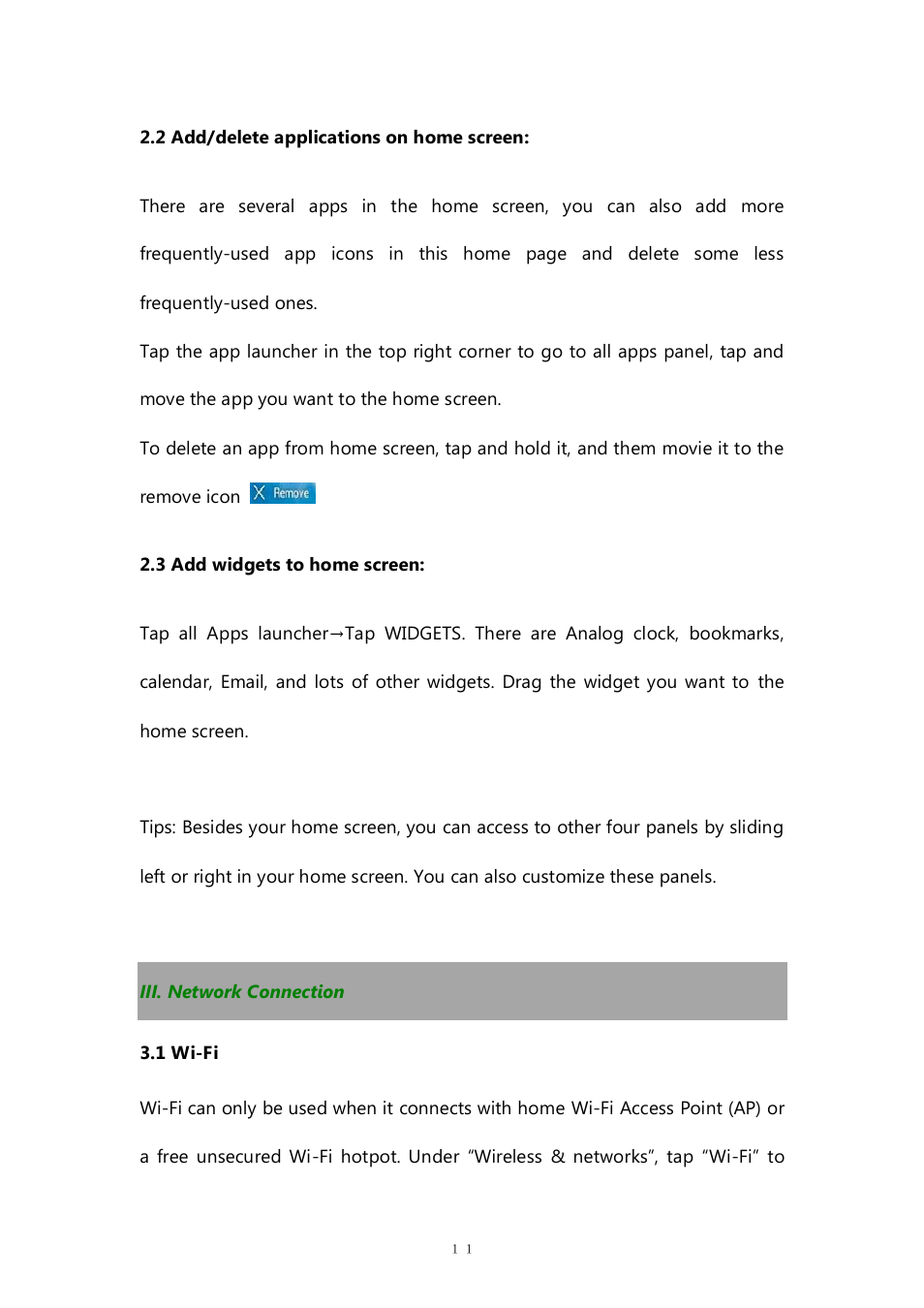 2 add/delete applications on home screen, 3 add widgets to home screen, Iii. network connection | 1 wi-fi | PiPO M8 pro User Manual | Page 11 / 36