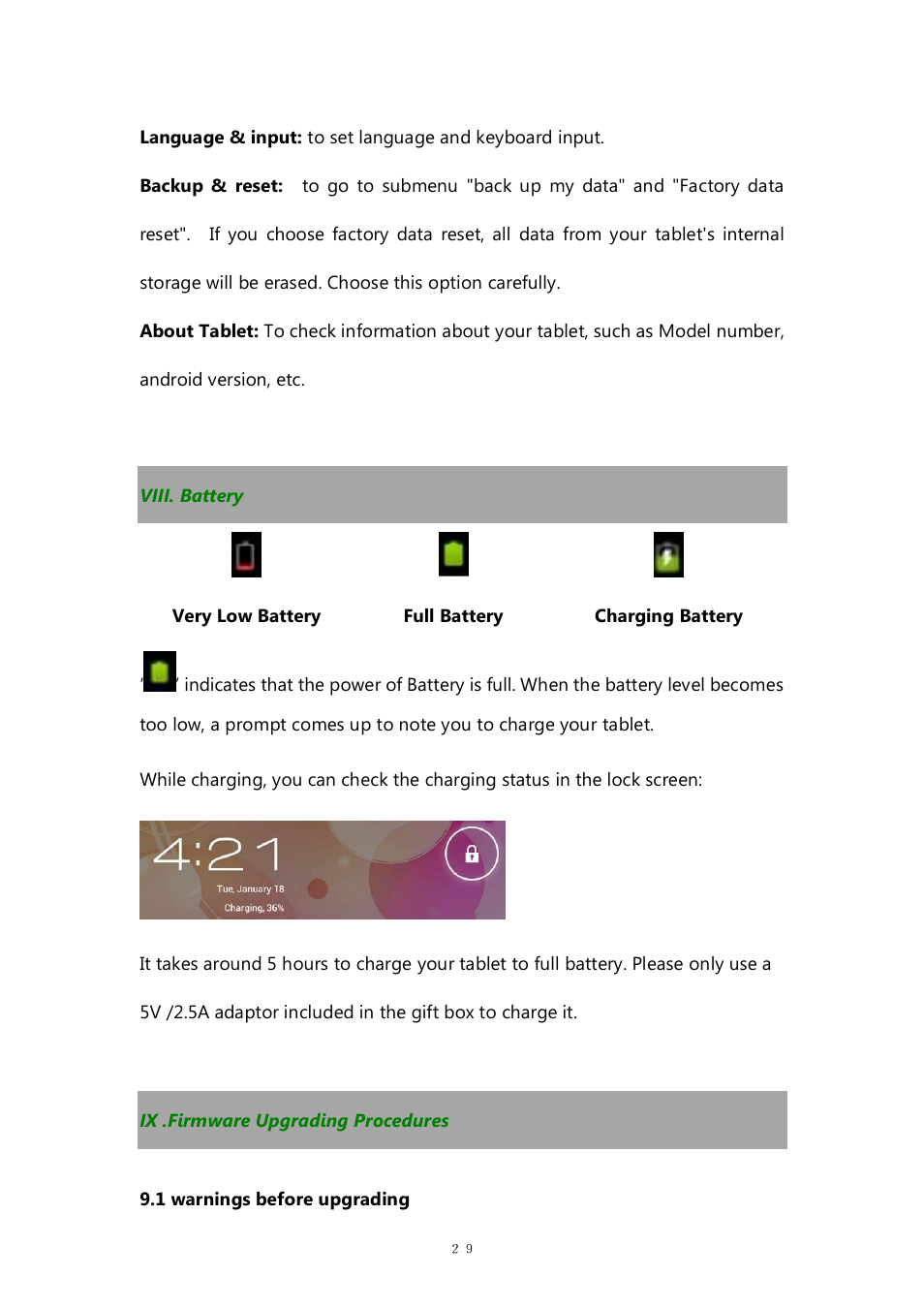 Viii. battery, Ix .firmware upgrading procedures | PiPO M8 pro User Manual | Page 29 / 36