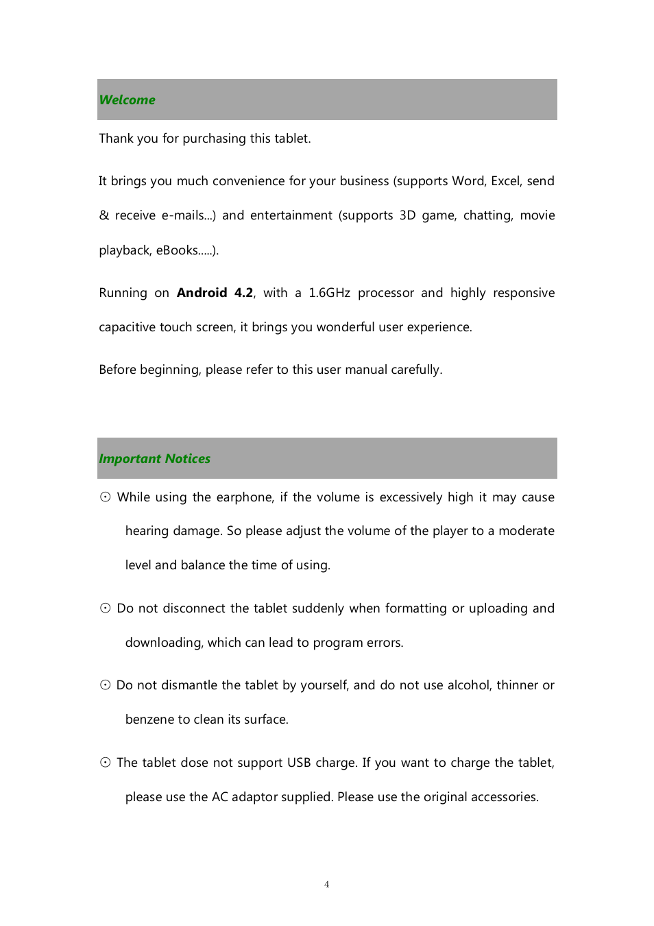 Welcome, Important notices | PiPO M8 pro User Manual | Page 4 / 36