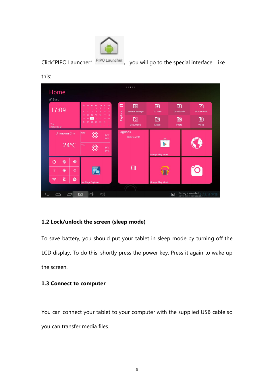 2 lock/unlock the screen (sleep mode), 3 connect to computer | PiPO M8 pro User Manual | Page 8 / 36
