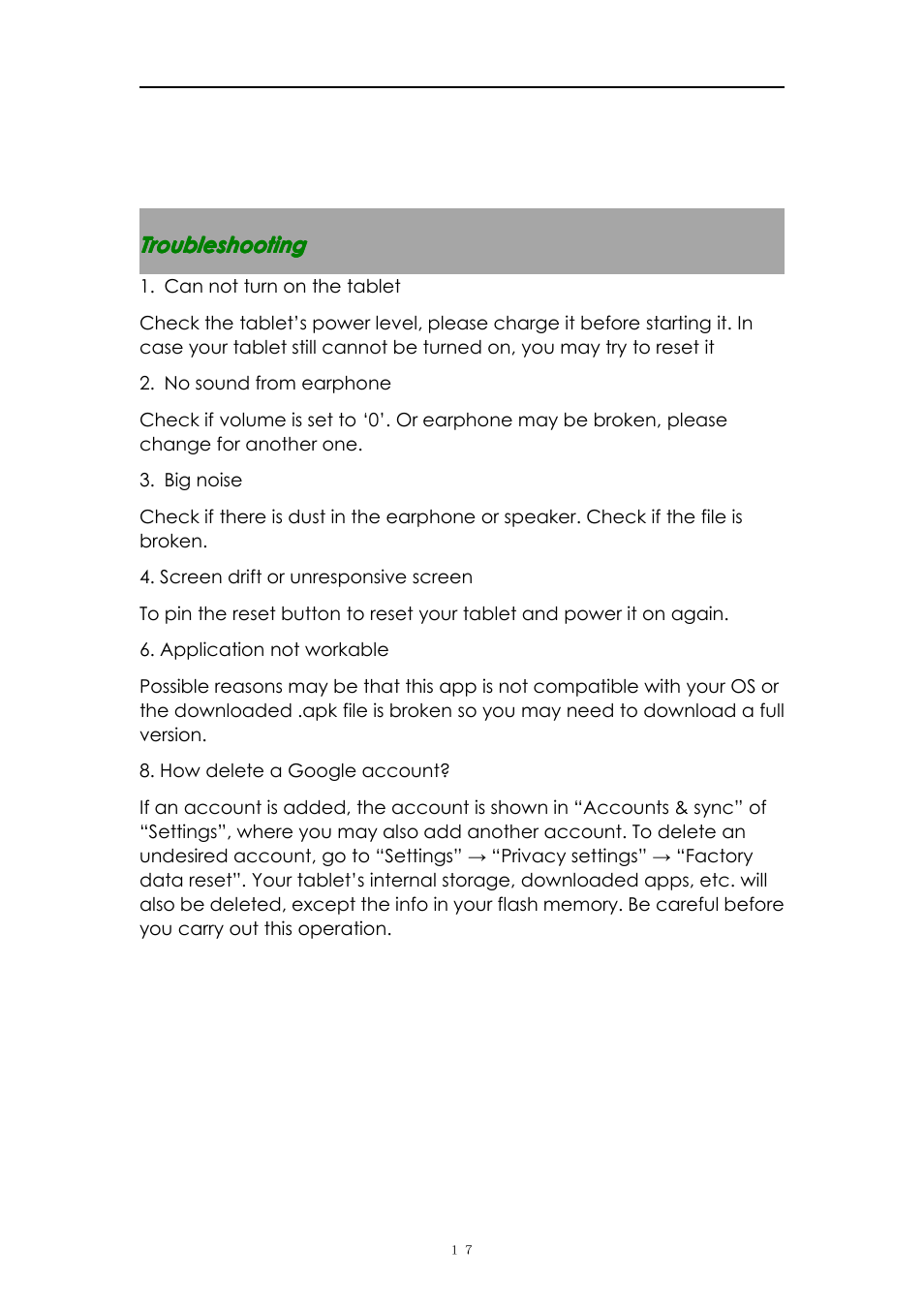 Troubleshooting | PiPO M1 v.1 User Manual | Page 17 / 17