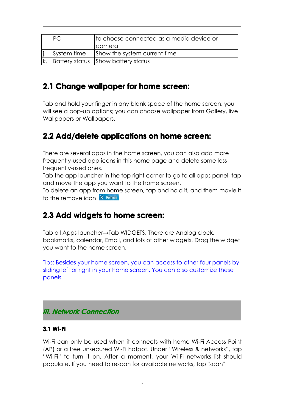 1changewallpaperforhomescreen, 2add/deleteapplicationsonhomescreen, 3addwidgetstohomescreen | Iii.networkconnection, 1wi-fi, Iii. network connection, 1 wi-fi | PiPO M1 v.1 User Manual | Page 7 / 17