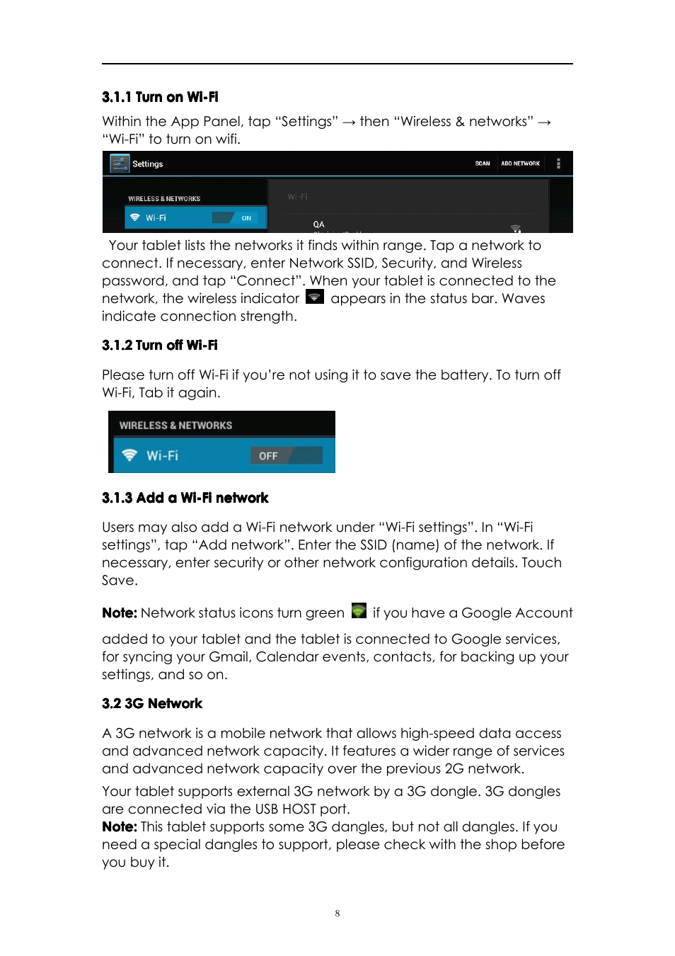 1turnonwi-fi, 2turnoffwi-fi, 3addawi-finetwork | 23gnetwork, 2 3g network | PiPO M1 v.1 User Manual | Page 8 / 17