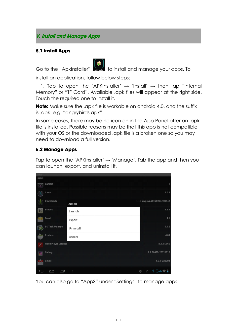 V.installandmanageapps, 1installapps, 2manageapps | V. install and manage apps | PiPO M2 v.1 User Manual | Page 11 / 18