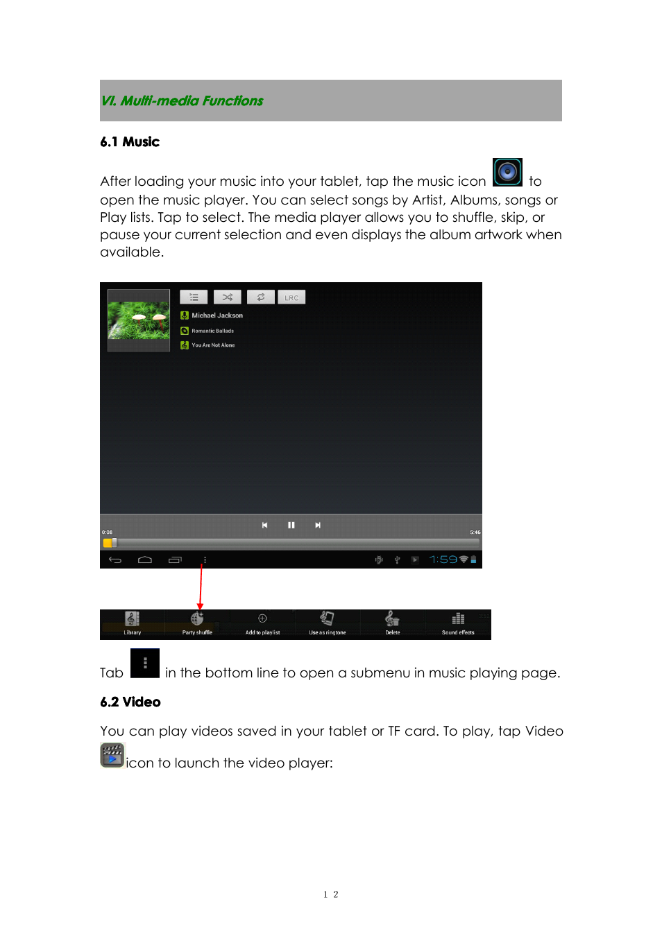 Vi.multi-mediafunctions, 1music, 2video | Vi. multi-media functions | PiPO M2 v.1 User Manual | Page 12 / 18