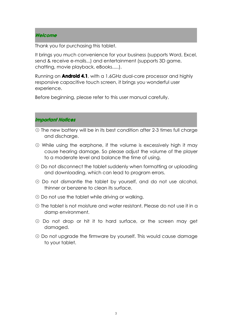 Welcome, Importantnotices | PiPO M2 v.1 User Manual | Page 3 / 18