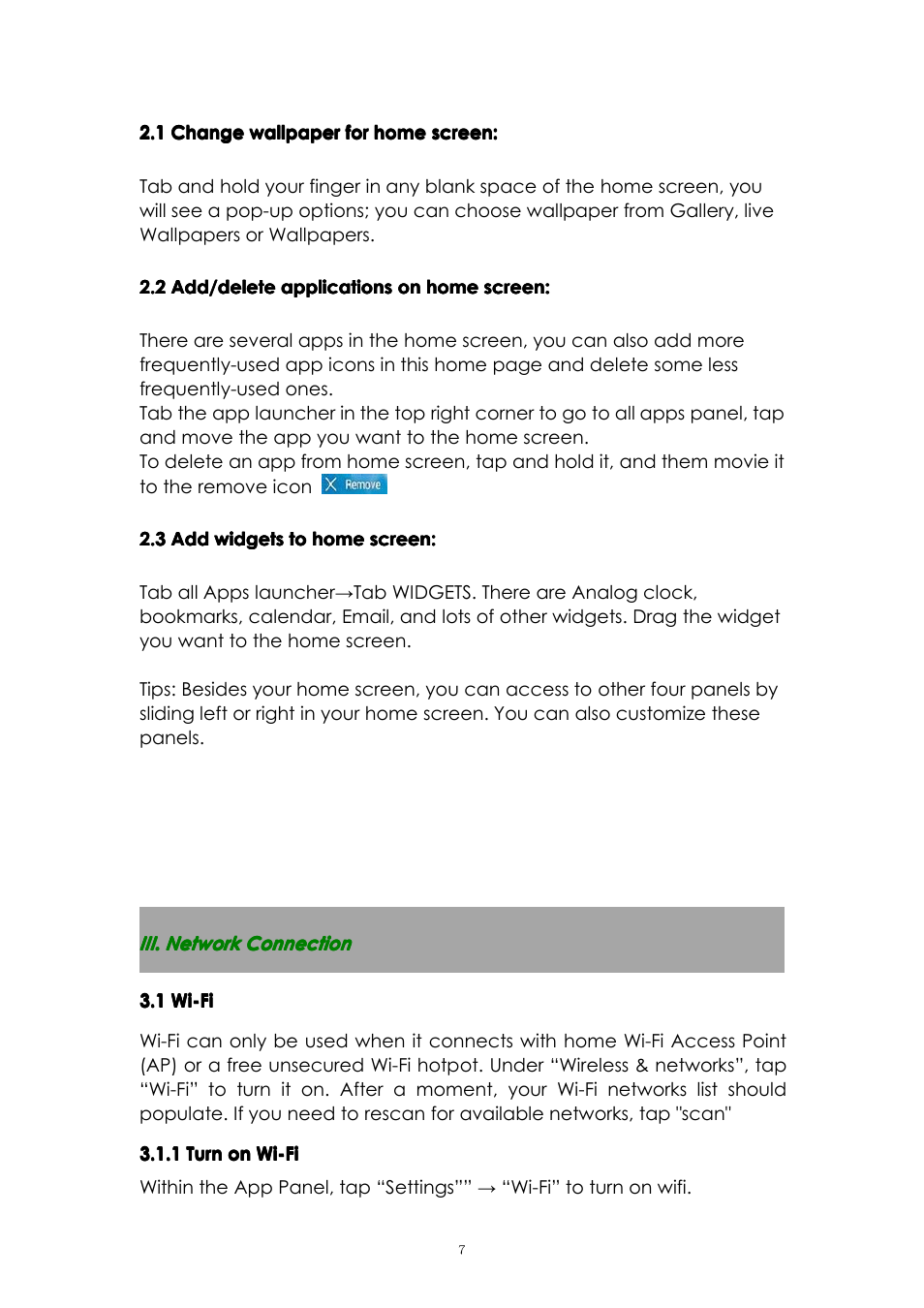 1changewallpaperforhomescreen, 2add/deleteapplicationsonhomescreen, 3addwidgetstohomescreen | Iii.networkconnection, 1wi-fi, 1turnonwi-fi, Iii. network connection, 1 wi-fi, 1 turn on wi-fi | PiPO M2 v.1 User Manual | Page 7 / 18