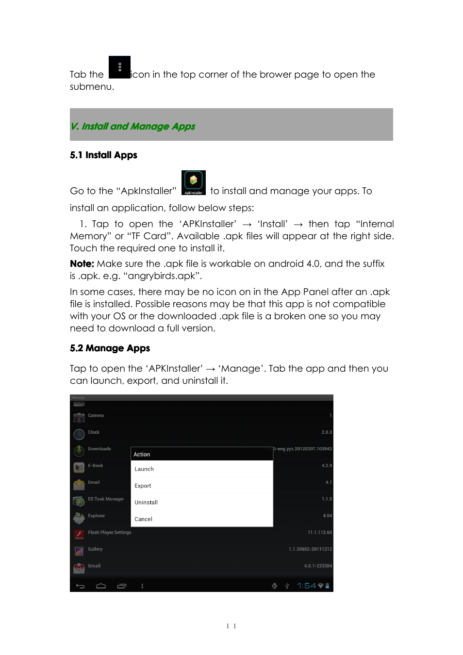 V.installandmanageapps, 1installapps, 2manageapps | V. install and manage apps | PiPO U1 User Manual | Page 11 / 18