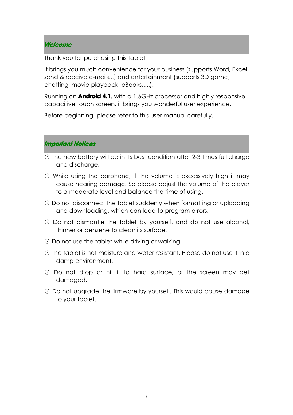 Welcome, Importantnotices | PiPO U1 User Manual | Page 3 / 18
