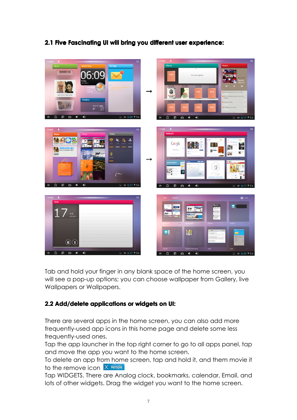 1fivefascinatinguiwillbringyoudifferentu, 2add/deleteapplicationsorwidgetsonui | PiPO U1 User Manual | Page 7 / 18