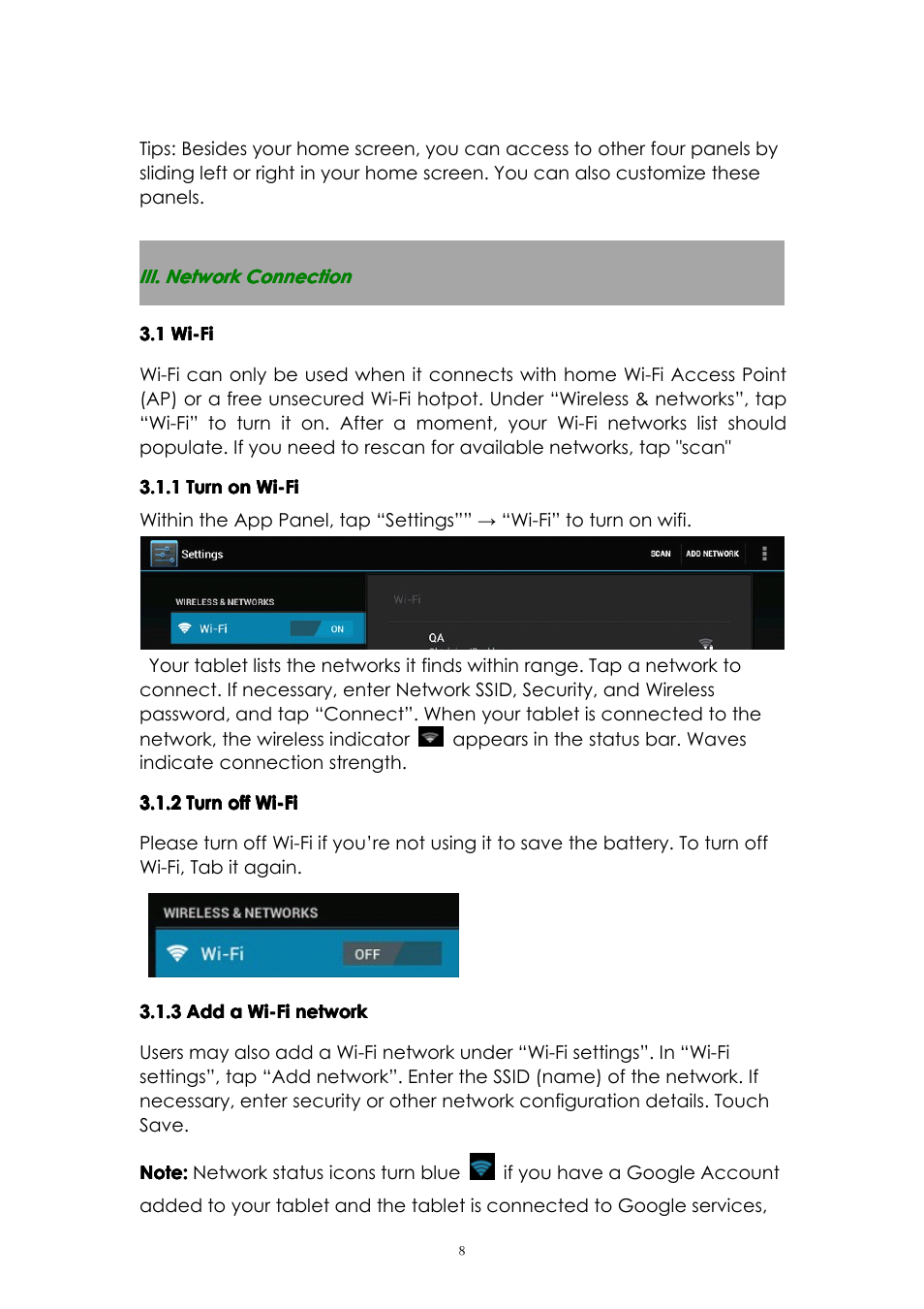 Iii.networkconnection, 1wi-fi, 1turnonwi-fi | 2turnoffwi-fi, 3addawi-finetwork, Iii. network connection, 1 wi-fi | PiPO U1 User Manual | Page 8 / 18