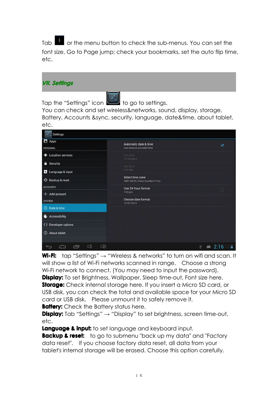 Vii.settings, Vii. settings | PiPO U1Pro User Manual | Page 16 / 18