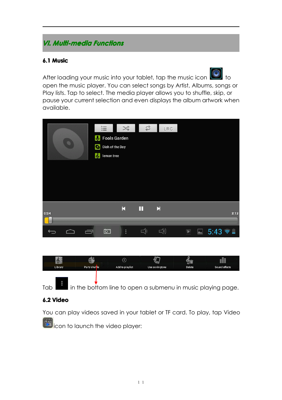 Vi.multi-mediafunctions, 1music, 2video | Vi. multi-media functions | PiPO S1 User Manual | Page 11 / 18