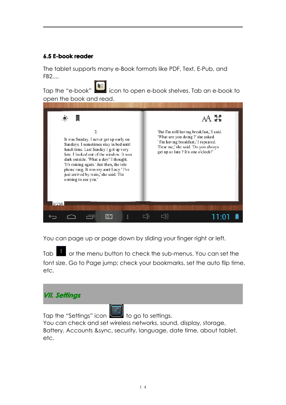 5e-bookreader, Vii.settings, 5 e-book reader | Vii. settings | PiPO S1 User Manual | Page 14 / 18