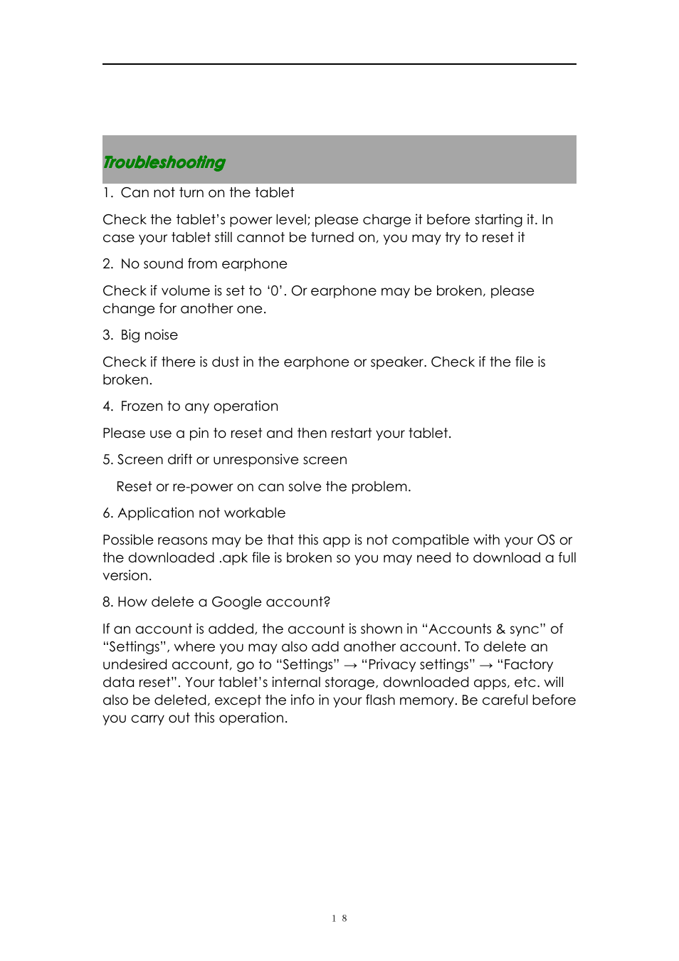 Troubleshooting | PiPO S1 User Manual | Page 18 / 18