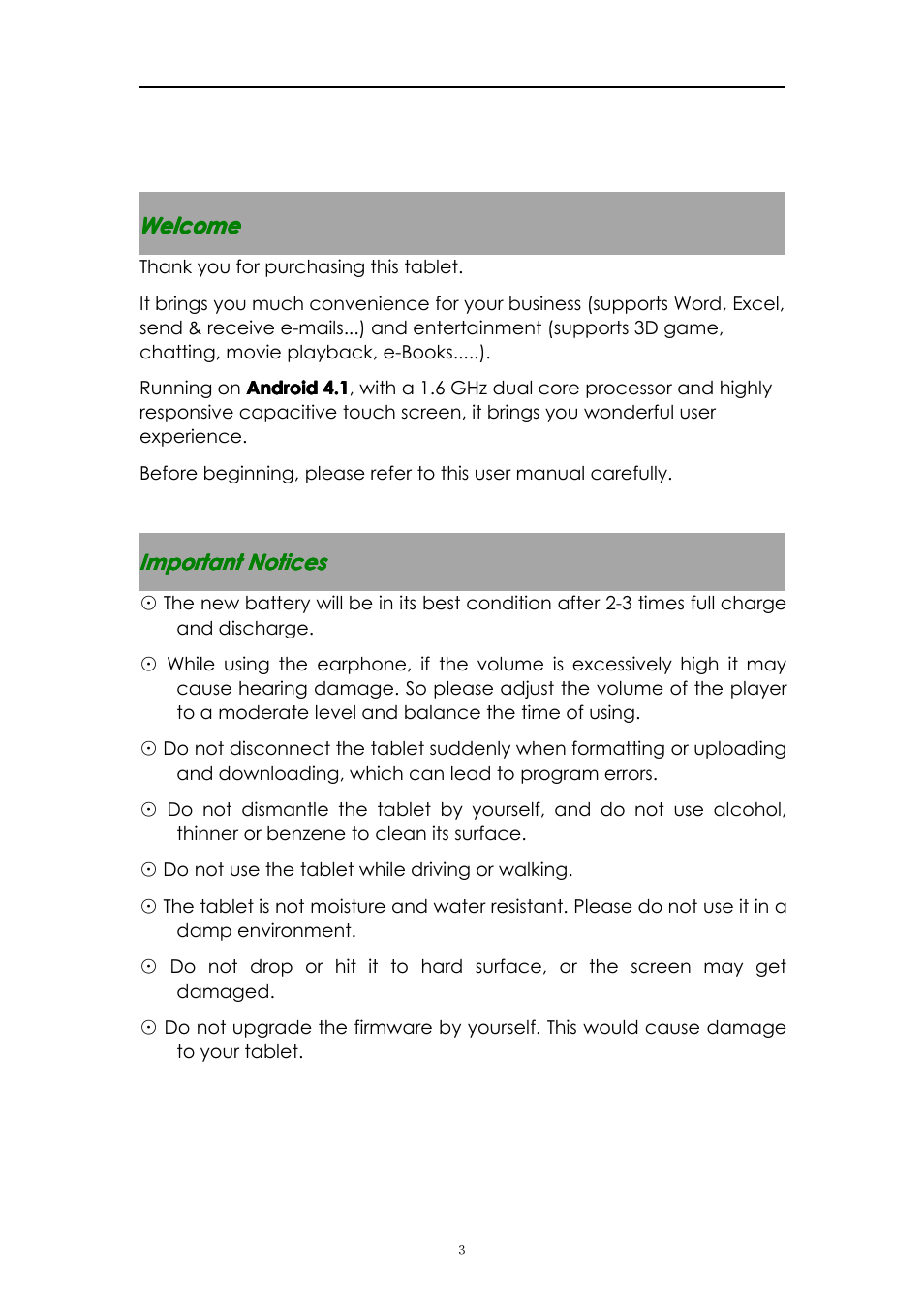 Welcome, Importantnotices | PiPO S1 User Manual | Page 3 / 18