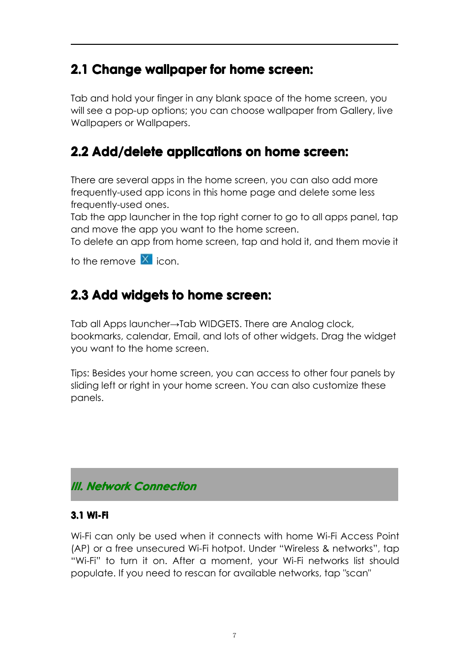 1changewallpaperforhomescreen, 2add/deleteapplicationsonhomescreen, 3addwidgetstohomescreen | Iii.networkconnection, 1wi-fi, Iii. network connection, 1 wi-fi | PiPO S1 User Manual | Page 7 / 18