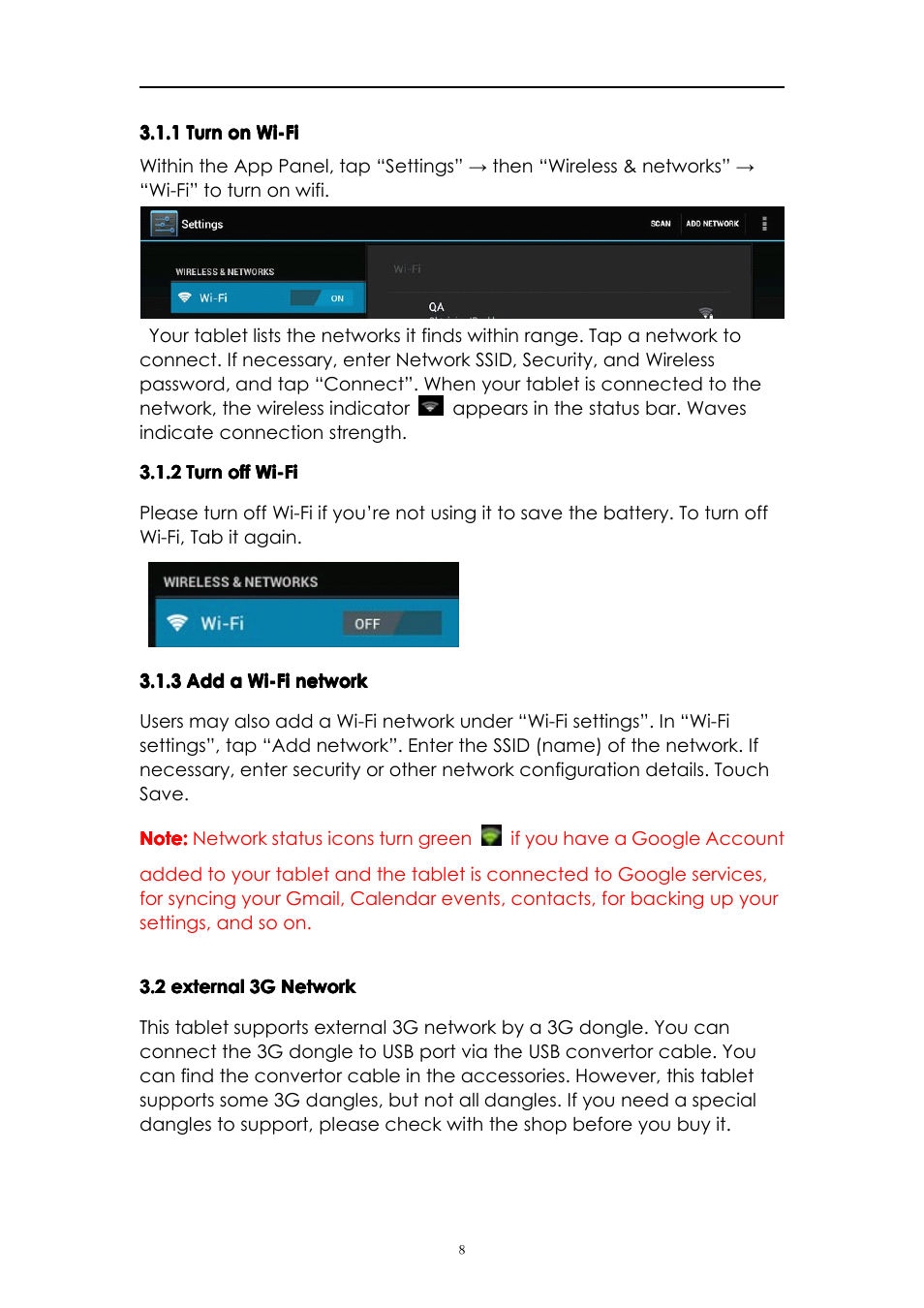 1turnonwi-fi, 2turnoffwi-fi, 3addawi-finetwork | 2external3gnetwork | PiPO S1 User Manual | Page 8 / 18