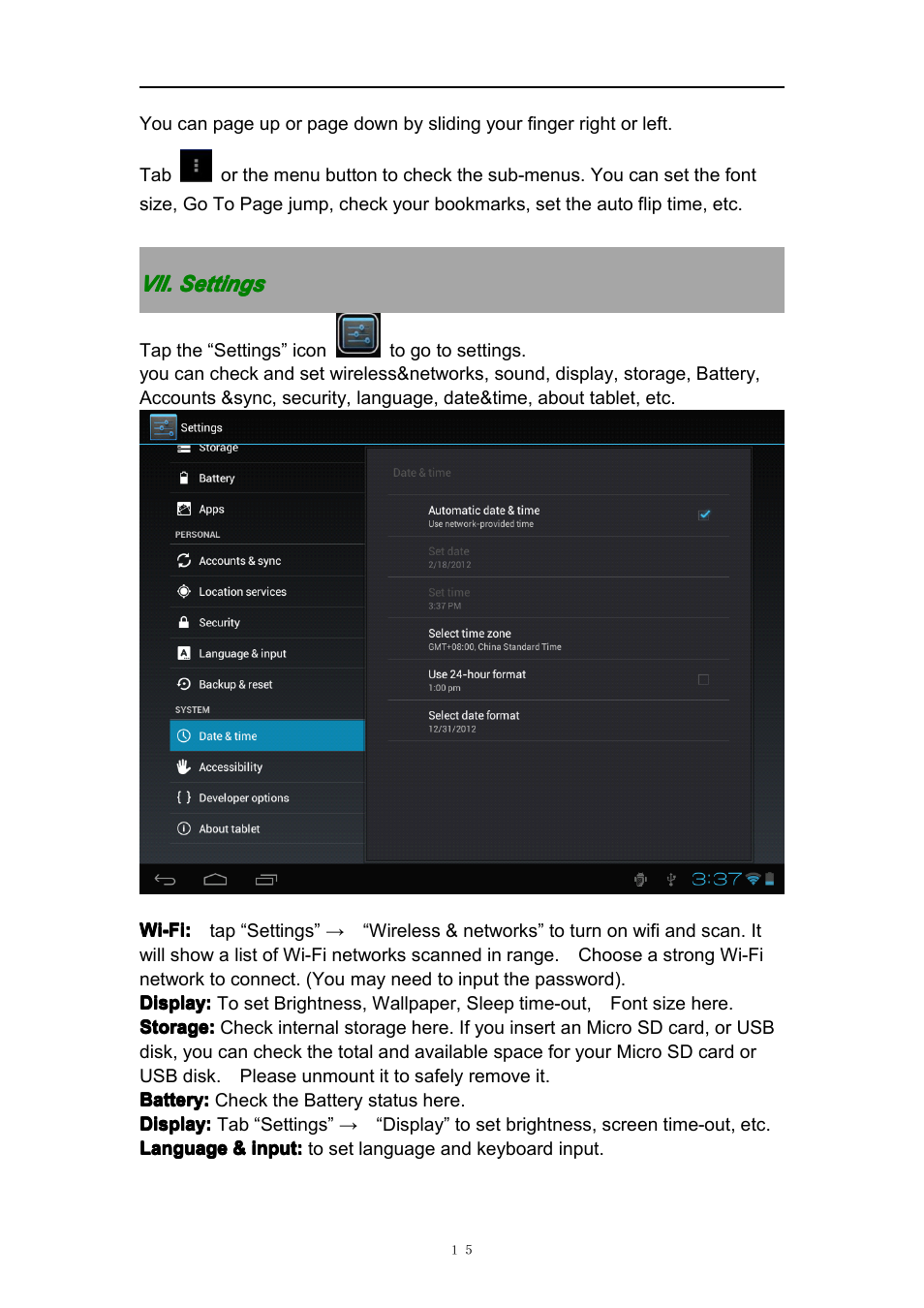 Vii.settings, Vii. settings, Vii. vii. settings settings settings settings | PiPO S2 User Manual | Page 15 / 18