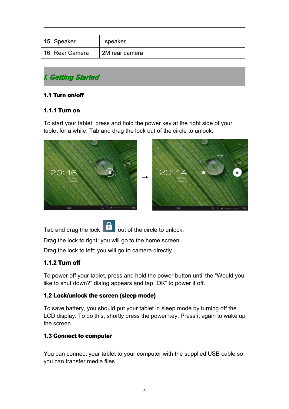 I.gettingstarted, 1turnon/off, 1turnon | 2turnoff, 2lock/unlockthescreen(sleepmode), 3connecttocomputer, I. getting started, 1 turn on/off | PiPO S2 User Manual | Page 5 / 18