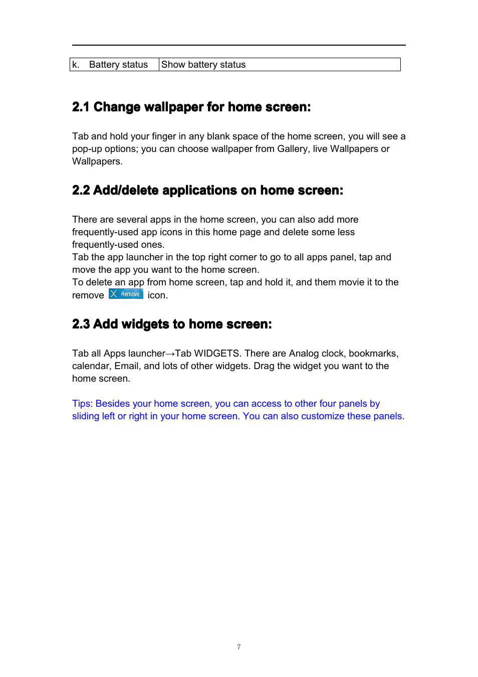 1changewallpaperforhomescreen, 2add/deleteapplicationsonhomescreen, 3addwidgetstohomescreen | PiPO S2 User Manual | Page 7 / 18
