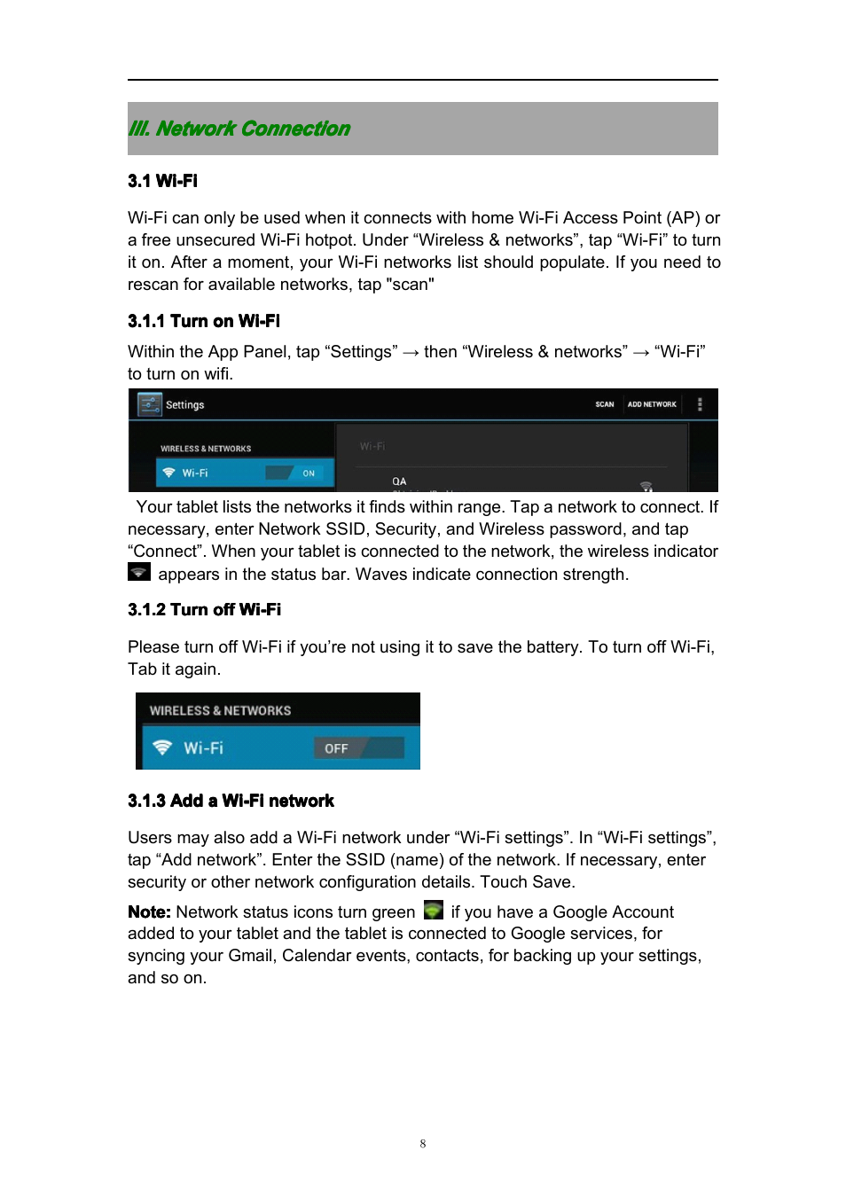 Iii.networkconnection, 1wi-fi, 1turnonwi-fi | 2turnoffwi-fi, 3addawi-finetwork, Iii. network connection, 1 wi-fi | PiPO S2 User Manual | Page 8 / 18