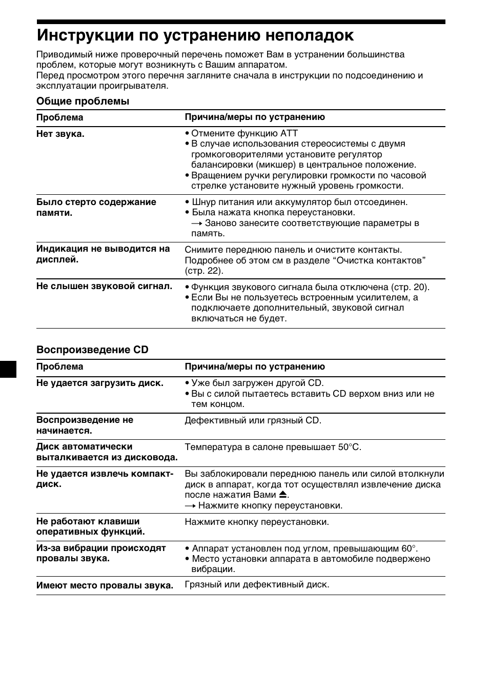 24 инструкции по устранению неполадок | Sony CDX-4000RV  RU User Manual | Page 120 / 124