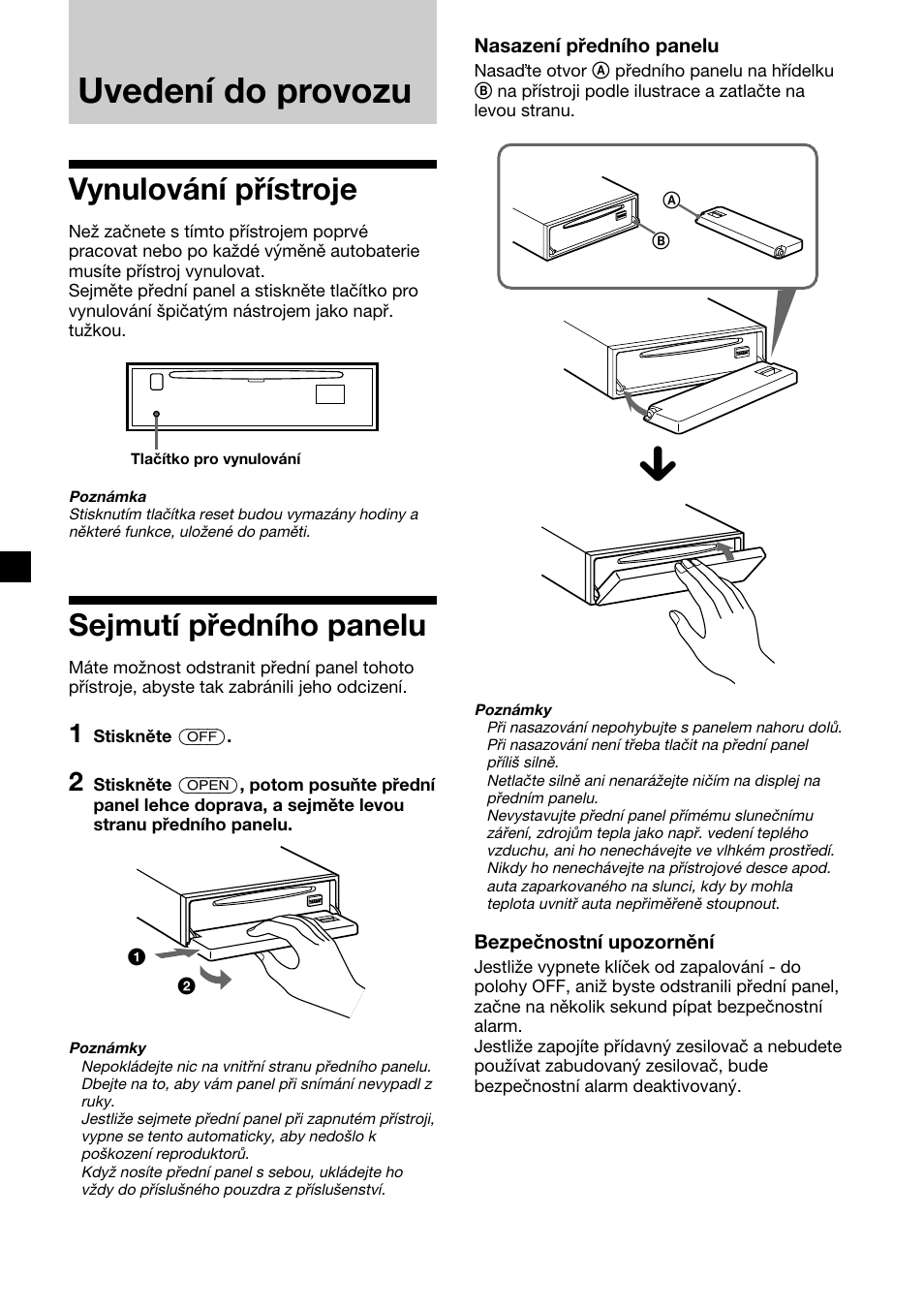 Uvedení do provozu, Vynulování přístroje, Sejmutí předního panelu | Sony CDX-4000RV  RU User Manual | Page 30 / 124