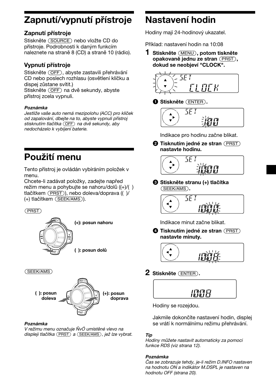 7zapnutí/vypnutí přístroje, Použití menu, Nastavení hodin | Sony CDX-4000RV  RU User Manual | Page 31 / 124