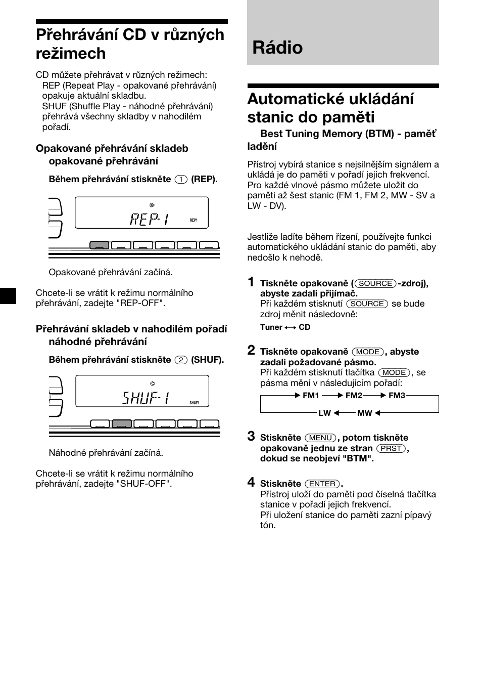 Rádio, Automatické ukládání stanic do paměti, Přehrávání cd v různých režimech | Sony CDX-4000RV  RU User Manual | Page 34 / 124