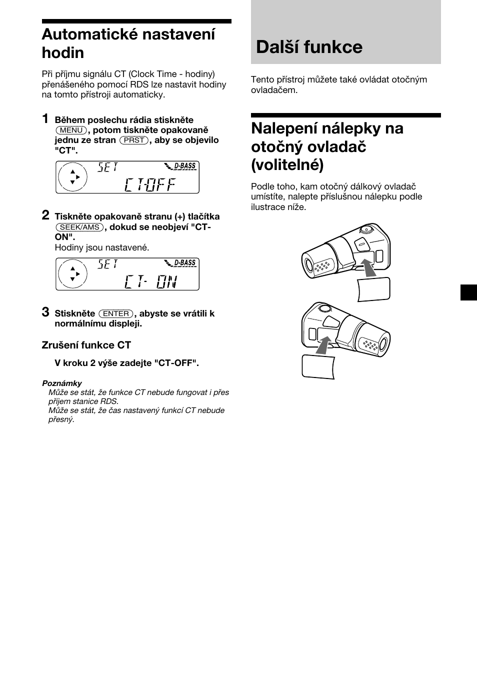 Další funkce, Nalepení nálepky na otočný ovladač (volitelné), Automatické nastavení hodin | Sony CDX-4000RV  RU User Manual | Page 41 / 124