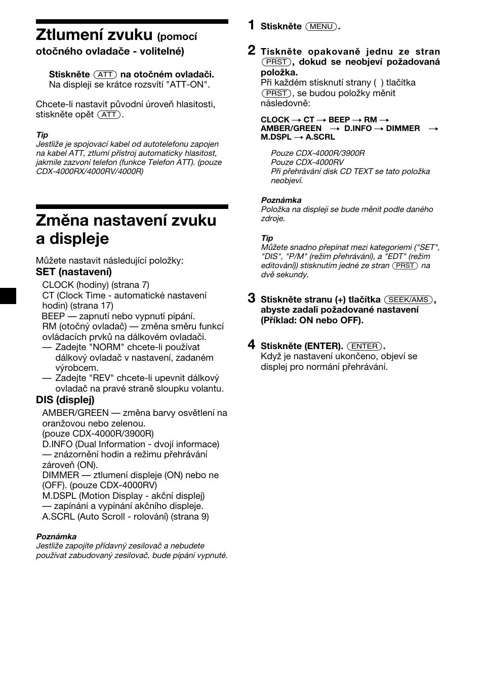 20 ztlumení zvuku, Změna nastavení zvuku a displeje | Sony CDX-4000RV  RU User Manual | Page 44 / 124